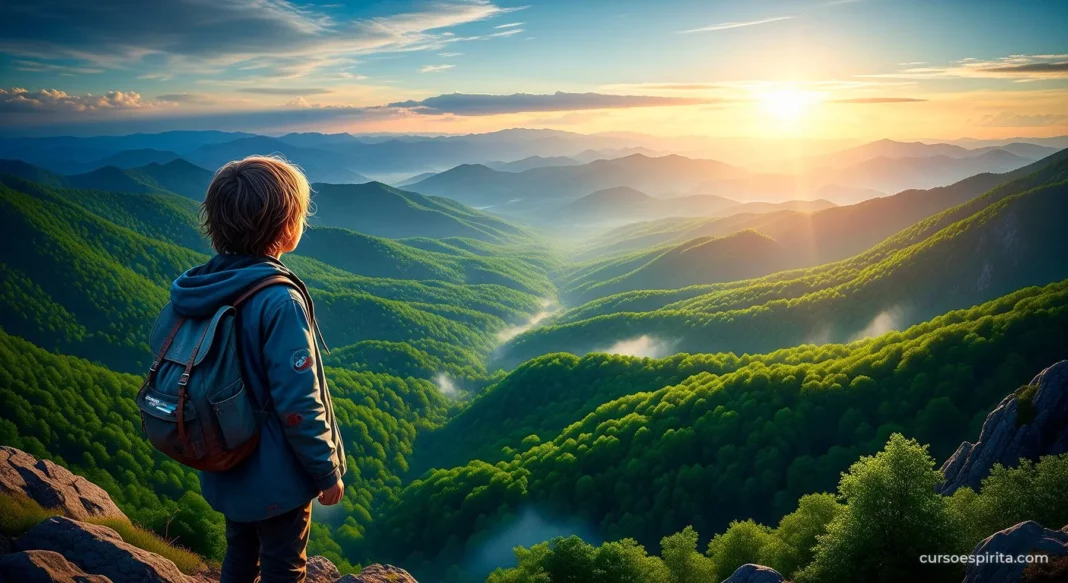 Gemini_Generated_Image_lt01z8lt01z8lt01 Un niño de espaldas en la cima de una montaña, observando un vasto valle al atardecer. La escena transmite la serenidad de la Ley Divina o Natural a través de la belleza de la creación.