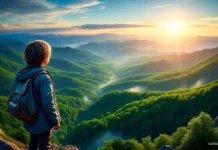 Clase 17 – Curso de El Libro de los Espíritus | Capítulo I: Ley Divina o Natural Un niño de espaldas en la cima de una montaña, observando un vasto valle al atardecer. La escena transmite la serenidad de la Ley Divina o Natural a través de la belleza de la creación.