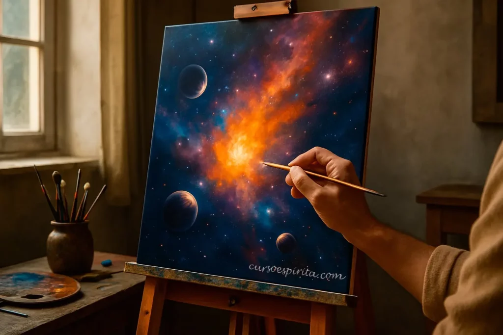 Clase 4 – Curso de El Libro de los Espíritus | Capítulo III: Creación 1 Lienzo con pintura de una nebulosa y estrellas, simbolizando la Creación según el Espiritismo