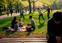 Clase 23 – Curso de El Libro de los Espíritus | Capítulo VII: Ley de Sociedad Fotografía que contrasta a una persona sola y aislada en la sombra con un grupo de personas diversas que interactúan y ríen en un parque soleado. La imagen simboliza la Ley de Sociedad del espiritismo.