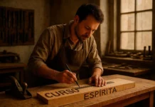 Clase 19 – Curso de El Libro de los Espíritus | Capítulo III: Ley del Trabajo Artesano tallando en madera la inscripción Curso Espírita, representando la Ley del Trabajo según El Libro de los Espíritus.