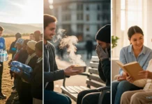 Clase 27 – Curso de El Libro de los Espíritus | Capítulo XI: Ley de Justicia, Amor y Caridad Voluntarios compartiendo alimentos, agua y compañía como ejemplo de justicia, amor y caridad en el espiritismo