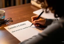 Clase 28 – Curso de El Libro de los Espíritus | Capítulo XII: Perfección Moral Persona escribiendo en una hoja la reflexión "Conócete a ti mismo – ¿Qué errores he cometido hoy?", junto a una taza y gafas sobre la mesa. Imagen representativa de la Clase 27 del Curso de El Libro de los Espíritus, Capítulo XI: Ley de Justicia, Amor y Caridad.