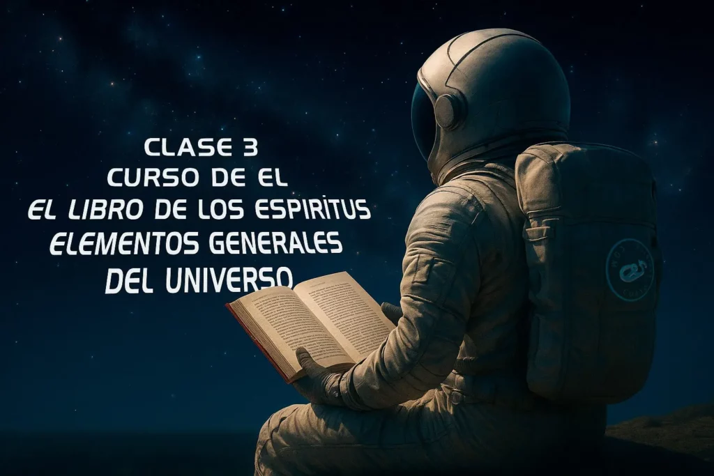 Clase 3 – Curso de El Libro de los Espíritus | Capítulo II: Elementos generales del universo 1 Astronauta leyendo El Libro de los Espíritus en el espacio – Curso Espírita Clase 3