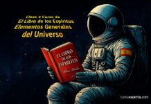 Astronauta contemplando el universo con El Libro de los Espíritus en las manos – Clase 3: Elementos generales del universo