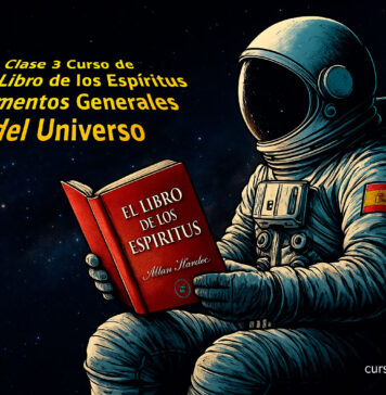 Astronauta contemplando el universo con El Libro de los Espíritus en las manos – Clase 3: Elementos generales del universo