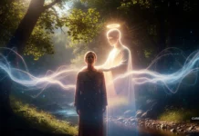 Clase 14 – Curso de El Libro de los Espíritus | Capítulo IX: Intervención Espírita Imagen conceptual que ilustra la influencia espiritual de los espíritus protectores (luminosos) y los imperfectos (oscuros) sobre una persona, representando la dualidad de la inspiración y la importancia del libre albedrío según Allan Kardec.