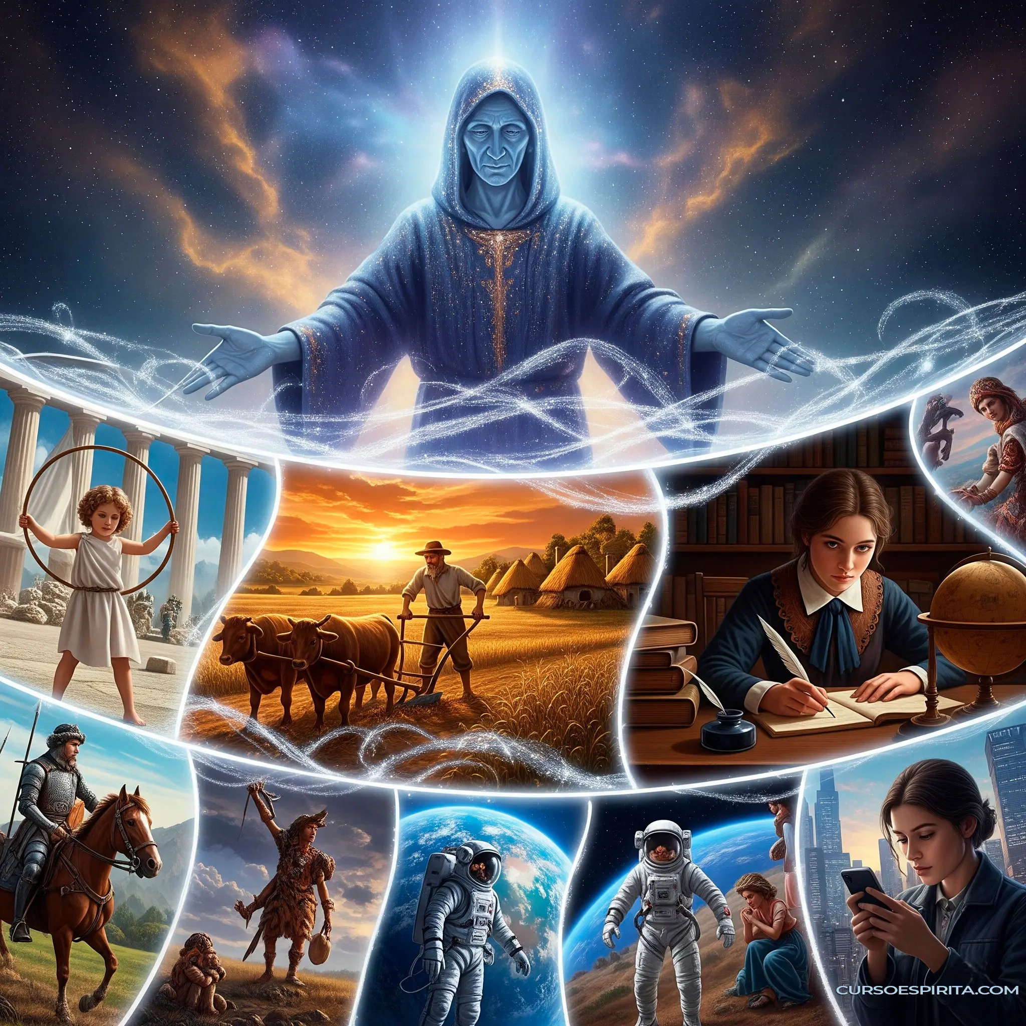Clase 9 – Capítulo IV (Tomo II) de El Libro de los Espíritus: Pluralidad de Existencias 1 Un ser etéreo y majestuoso observa un mosaico de escenas que representan diferentes vidas humanas a lo largo de la historia, simbolizando la reencarnación y la evolución del alma.
