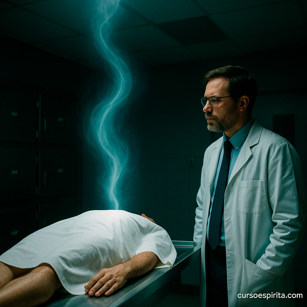Clase 5 – Curso de El Libro de los Espíritus | Capítulo IV: Principio Vital 1 Cuerpo cubierto en una sala de autopsias mientras una energía luminosa asciende por el techo, simbolizando el principio vital.