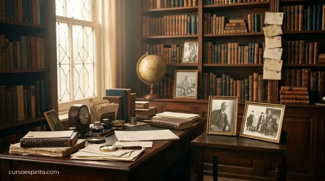 historico-arthur-conan-doyle Despacho victoriano con manuscritos, libros antiguos y retratos históricos de Sir Arthur Conan Doyle y su familia sobre un escritorio de caoba.