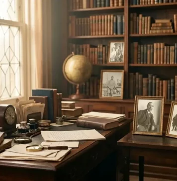 Arthur Conan Doyle / Biografía Despacho victoriano con manuscritos, libros antiguos y retratos históricos de Sir Arthur Conan Doyle y su familia sobre un escritorio de caoba.