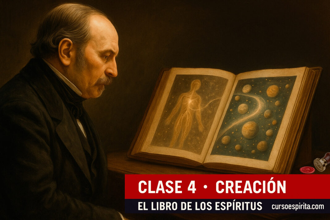 Clase 4 – Creación – El Libro de los Espíritus Allan Kardec observando un libro abierto con mapas celestes y mundos habitados – Clase 4 del Curso de El Libro de los Espíritus