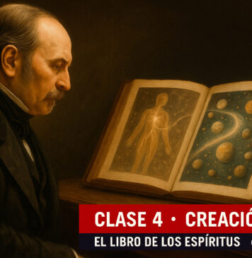Allan Kardec observando un libro abierto con mapas celestes y mundos habitados – Clase 4 del Curso de El Libro de los Espíritus