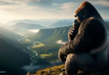 Clase 18 – Curso de El Libro de los Espíritus | Capítulo II: Ley de Adoración King Kong sentado en la cima de una montaña, contemplando serenamente un valle. La imagen evoca la adoración de la belleza de la naturaleza y la conexión con el entorno.