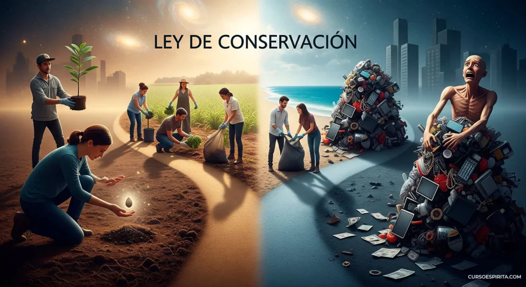ley-conservacion-trabajo-avaricia Representación de la Ley de Conservación, mostrando dos caminos: uno de trabajo y ayuda mutua en la naturaleza, y otro de avaricia y acumulación de objetos inútiles en un paisaje urbano. Simboliza el contraste entre la ley natural y el egoísmo humano.