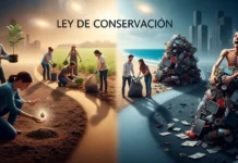 Clase 21 – Curso de El Libro de los Espíritus | Capítulo V: Ley de Conservación Representación de la Ley de Conservación, mostrando dos caminos: uno de trabajo y ayuda mutua en la naturaleza, y otro de avaricia y acumulación de objetos inútiles en un paisaje urbano. Simboliza el contraste entre la ley natural y el egoísmo humano.