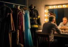 Clase 25 – Curso de El Libro de los Espíritus | Capítulo IX: Ley de Igualdad Un actor reflexiona en su camerino frente a un espejo, con una variedad de trajes colgados a su lado (rey, mendigo, bombero, princesa). La imagen simboliza que los roles y las condiciones sociales son temporales, y que todos los espíritus son iguales en esencia.
