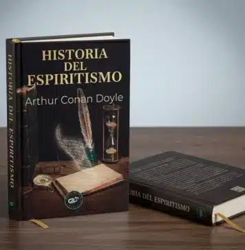 Historia del Espiritismo Edición impresa en tapa dura del libro Historia del Espiritismo de Arthur Conan Doyle sobre una mesa de madera.