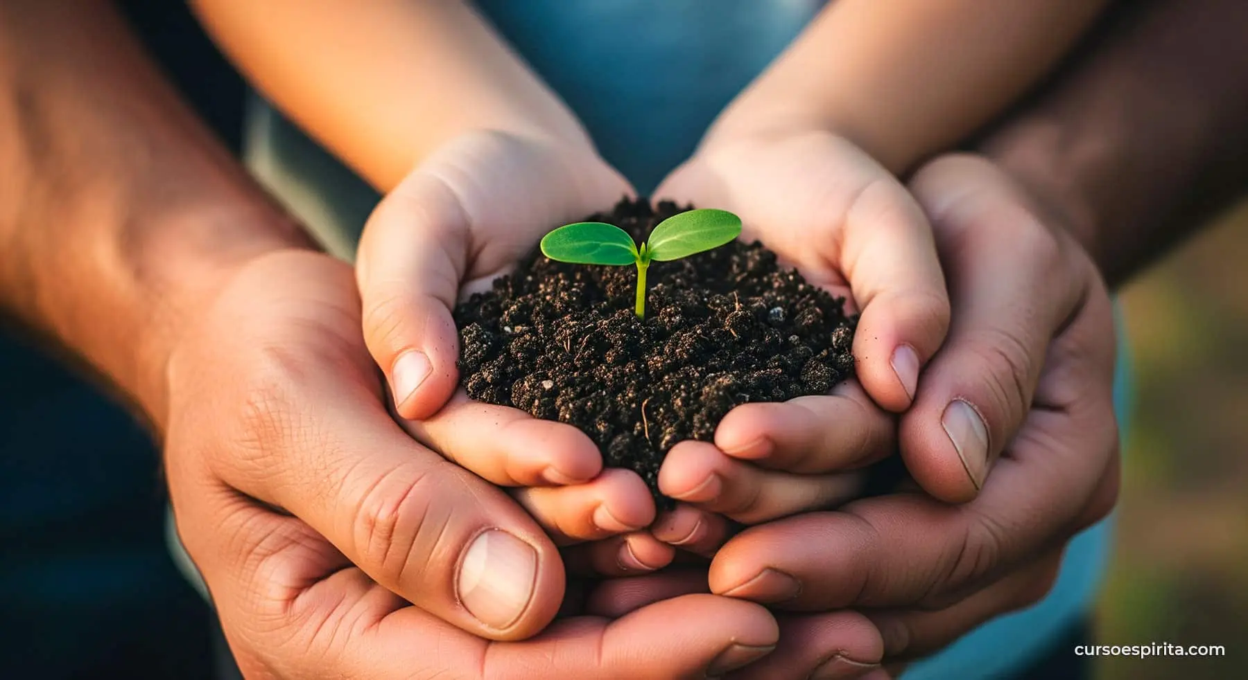 Clase 21 – Curso de El Libro de los Espíritus | Capítulo V: Ley de Conservación 1 Manos de un padre y un hijo sosteniendo una pequeña planta que brota de la tierra, simbolizando la transmisión del legado y la ley de conservación.