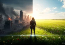 Clase 22 – Curso de El Libro de los Espíritus | Capítulo VI: Ley de Destrucción Un hombre de pie en el límite de un paisaje desolado y un campo verde y vibrante, simbolizando el progreso y la renovación a través de la Ley de Destrucción.