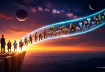 Clase 16 – Curso de El Libro de los Espíritus | Capítulo XI: Los Tres Reinos Ilustración hiperrealista que muestra la progresión del Espíritu: un hombre moderno en un acantilado observa una línea temporal de sus reencarnaciones, pasando por humanos de distintas eras, animales prehistóricos, un dinosaurio, hasta llegar a la vida vegetal, los hongos y los minerales en el cosmos.