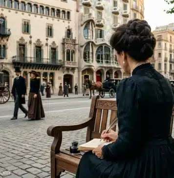 Sintoniza con Amalia: Melodías que educan el corazón Fotografía histórica de Amalia Domingo Soler, de perfil y espaldas, sentada en un banco de madera en el Passeig de Gràcia de Barcelona en 1900, escribiendo con pluma en un cuaderno de cuero. Junto a ella hay un tintero y una caja de curiosidades abierta con pergaminos y amuletos simbólicos. Detrás, la arquitectura modernista de Casa Batlló y Casa Amatller.